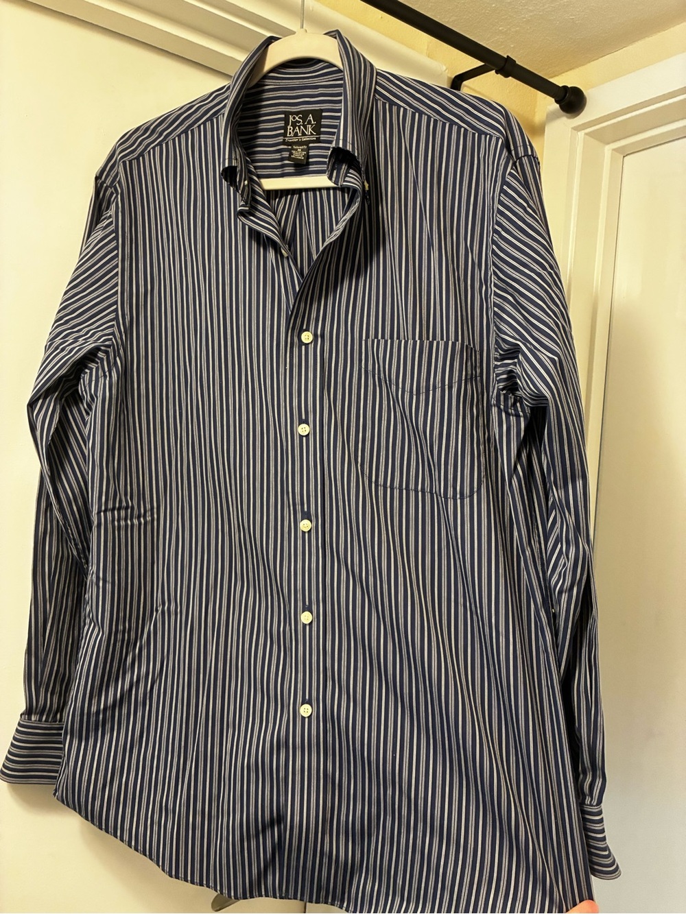 Jos A Bank Navy and White Striped Button Down Preppy Over Shirt